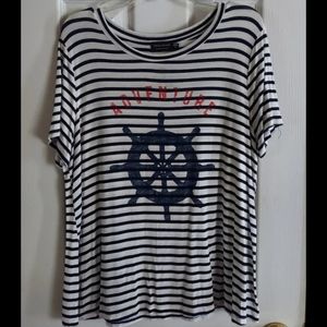 POOLHOUSE Nautical Stretch Distressed Short Sleeve Rayon Tee LG EUC! WORN ONCE